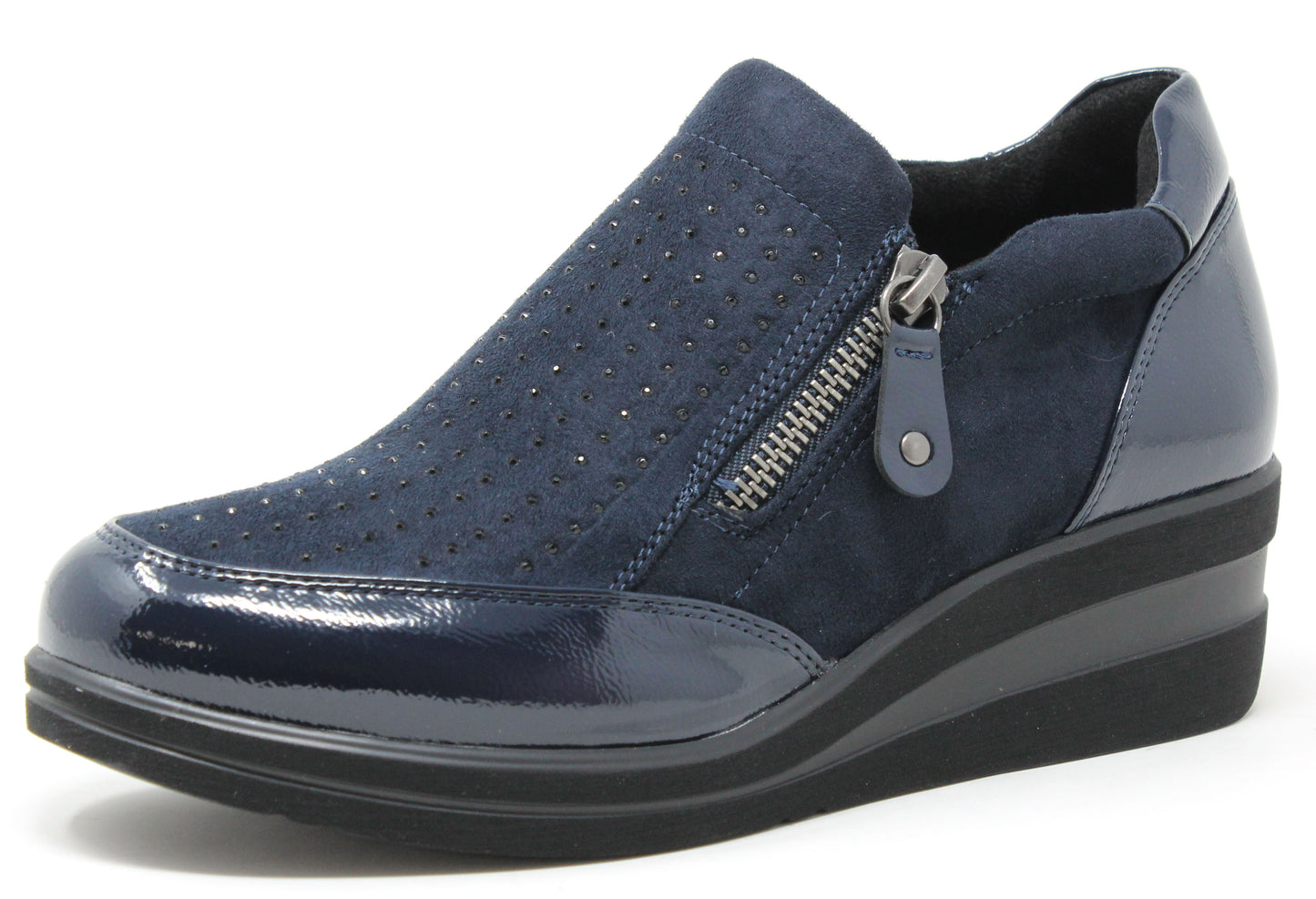 Blue slip-on shoe with a zipper on a white background