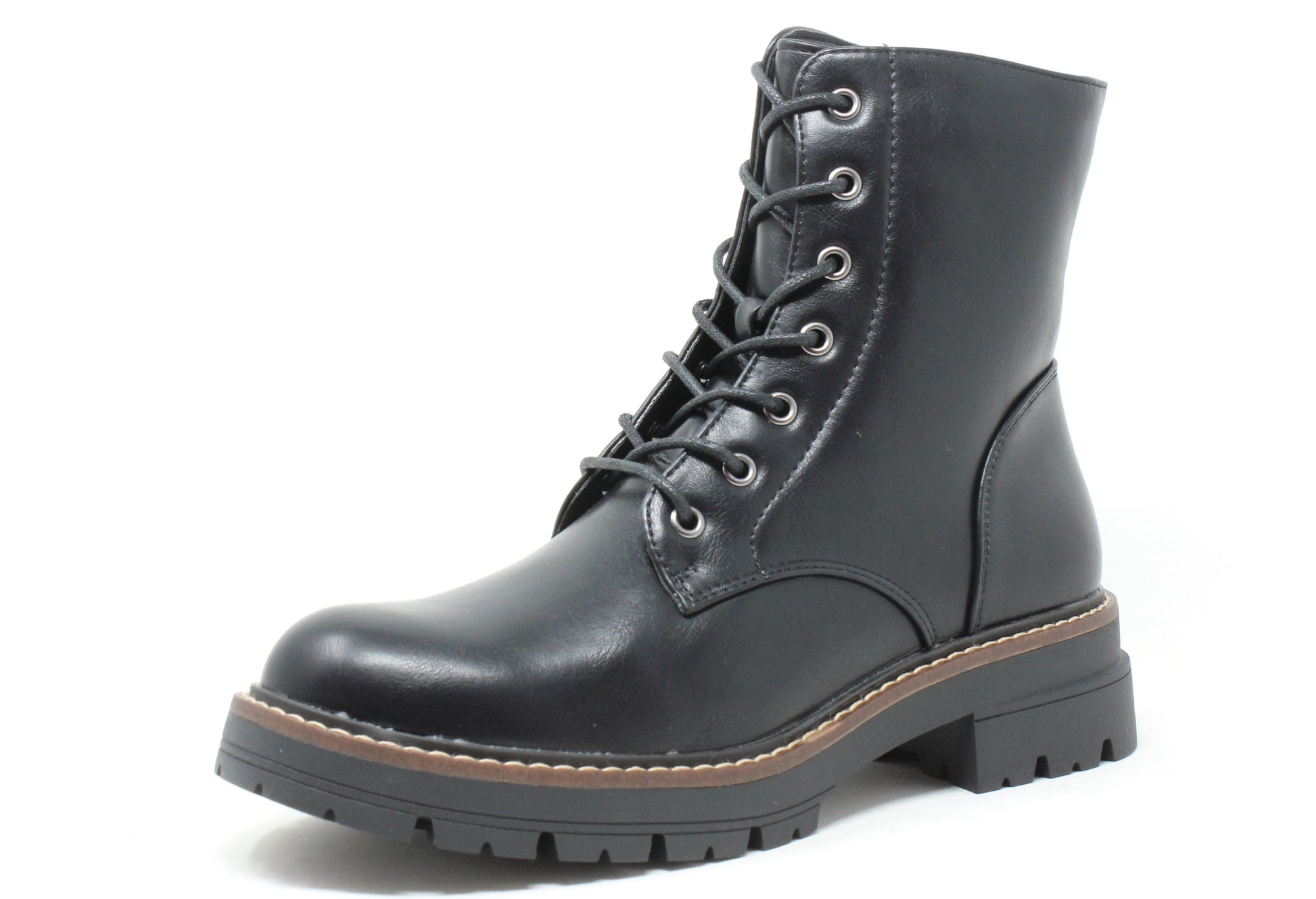 Black leather boot with laces on a white background