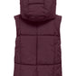Maroon puffer vest with a hood on a white background