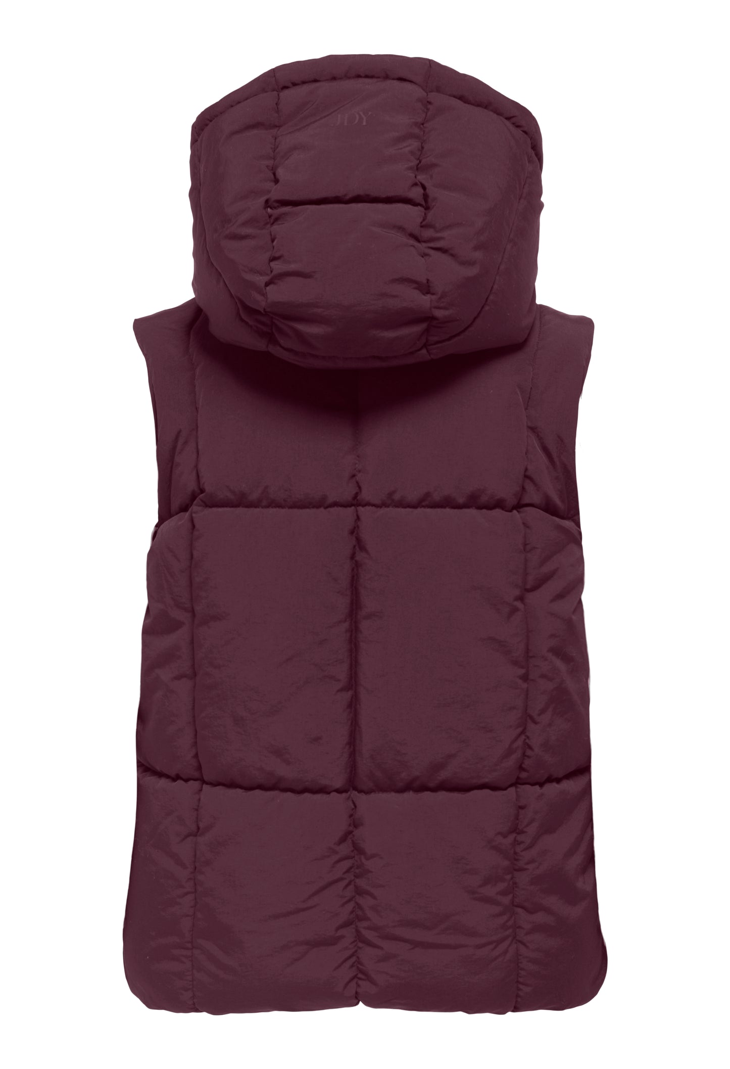 Maroon puffer vest with a hood on a white background
