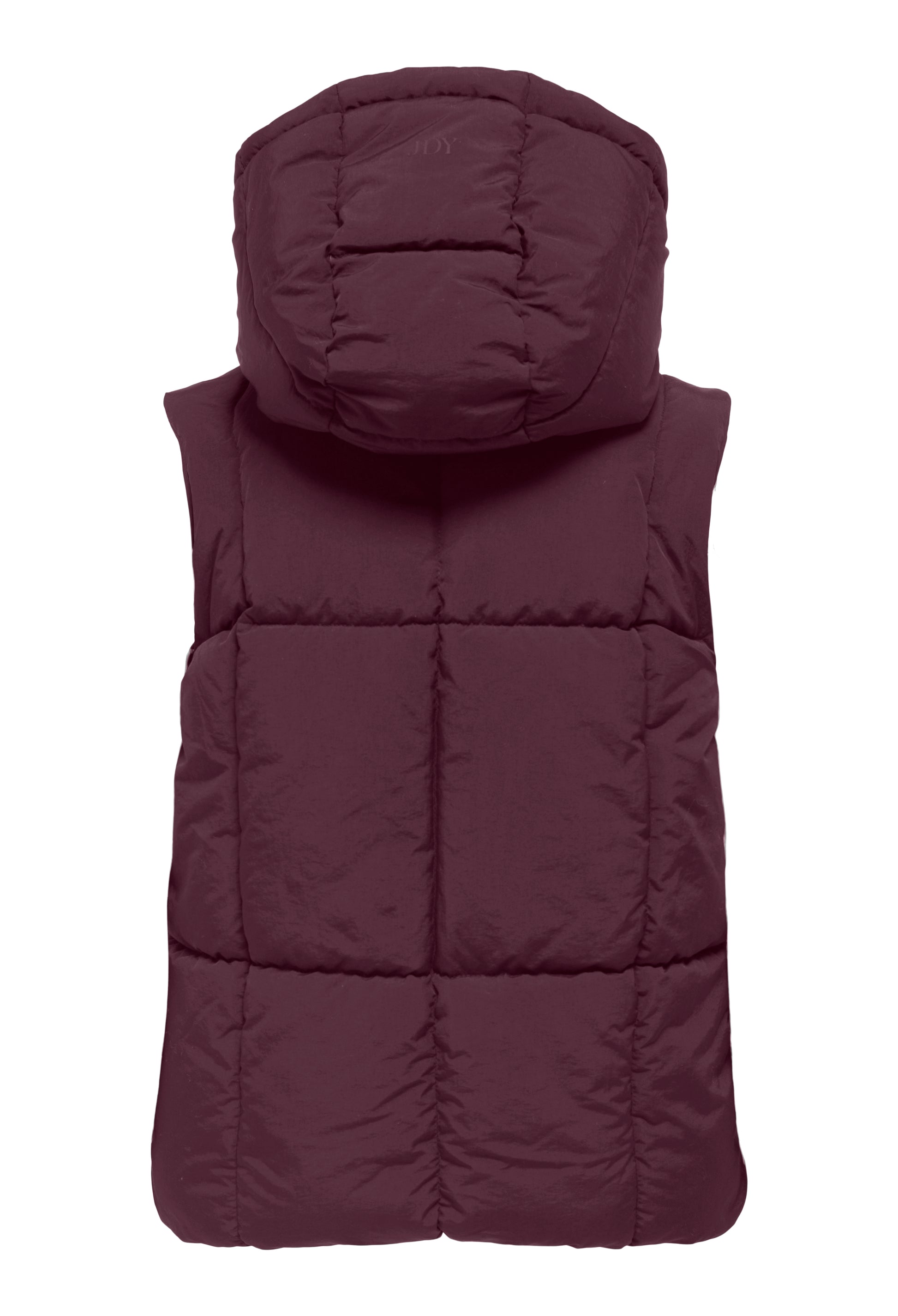 Maroon puffer vest with a hood on a white background