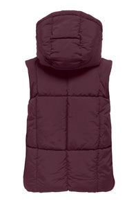 Maroon puffer vest with a hood on a white background