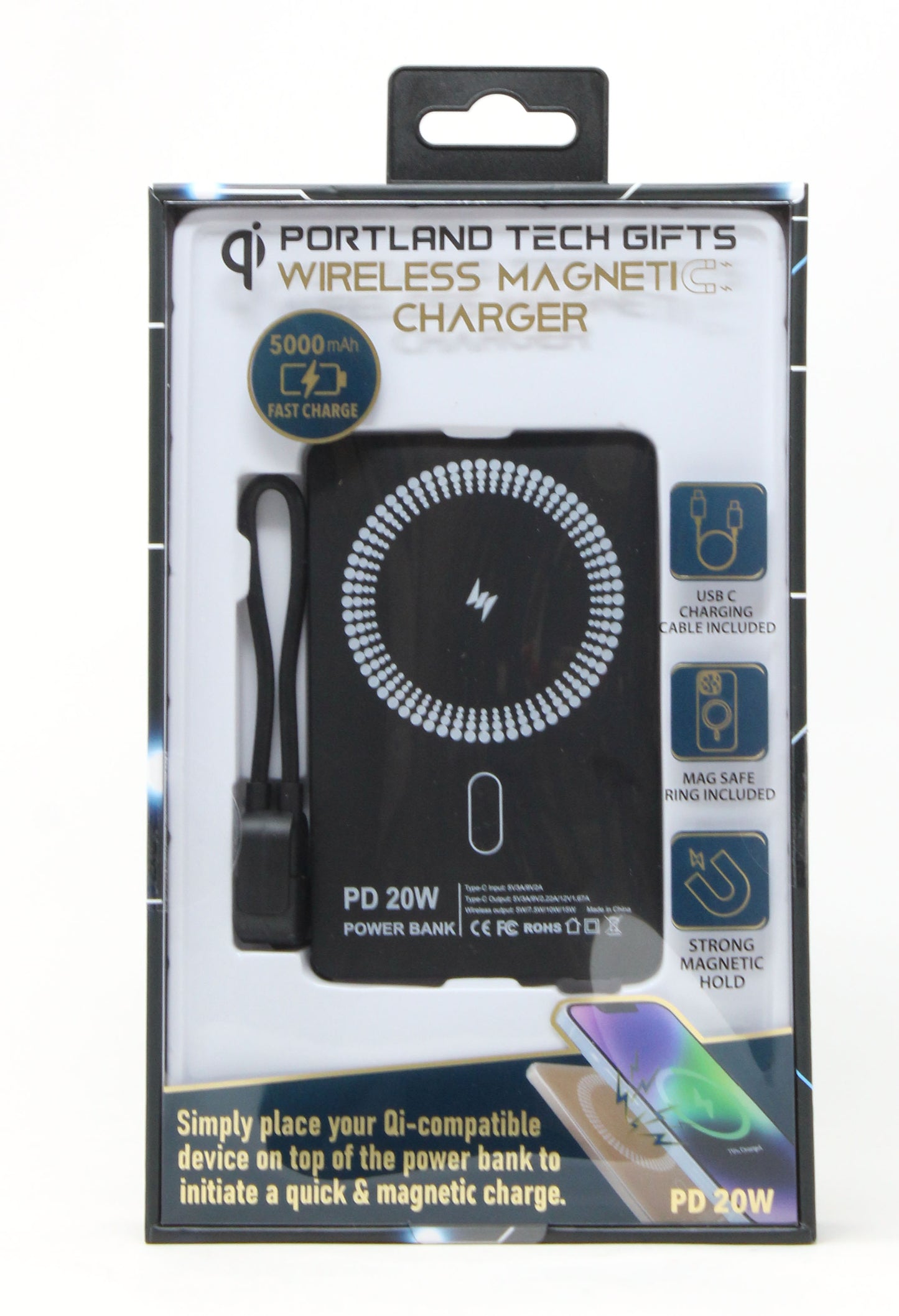 Wireless magnetic charger packaging with text and icons on a white background