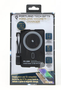 Wireless magnetic charger packaging with text and icons on a white background