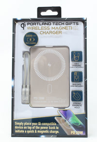 Wireless magnetic charger packaging with text and icons on a white background