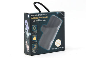 Package of Portland Tech Gifts Capsule Powerbank with LED display screen on a white background