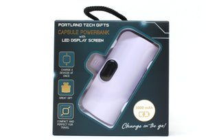 Packaging of Portland Tech Gifts capsule powerbank with LED display screen on a white background