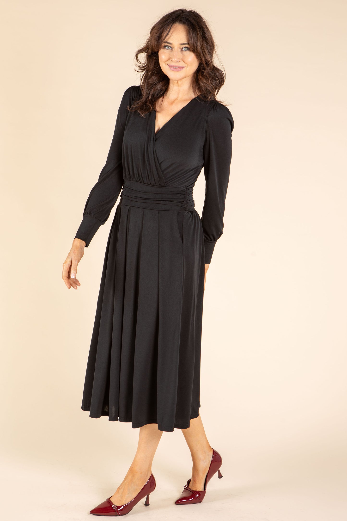 Faux-Wrap Midi Dress