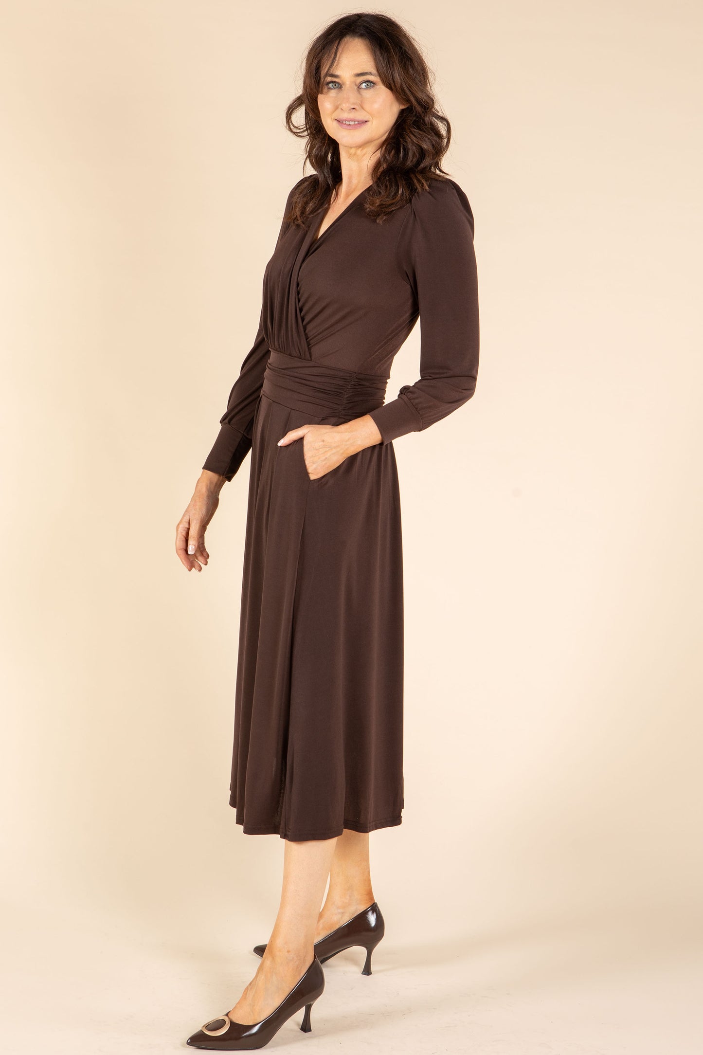 Faux-Wrap Midi Dress