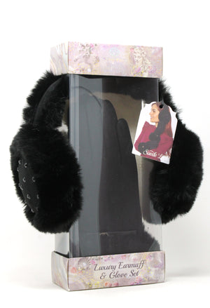 Black earmuffs and gloves set in packaging with a tag on a white background