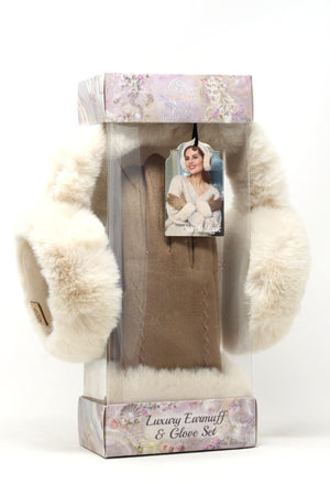 Luxury earmuff and glove set in packaging with floral design