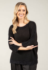 Ribbed Wool-Blend Knit Jumper with Fluffy Trim