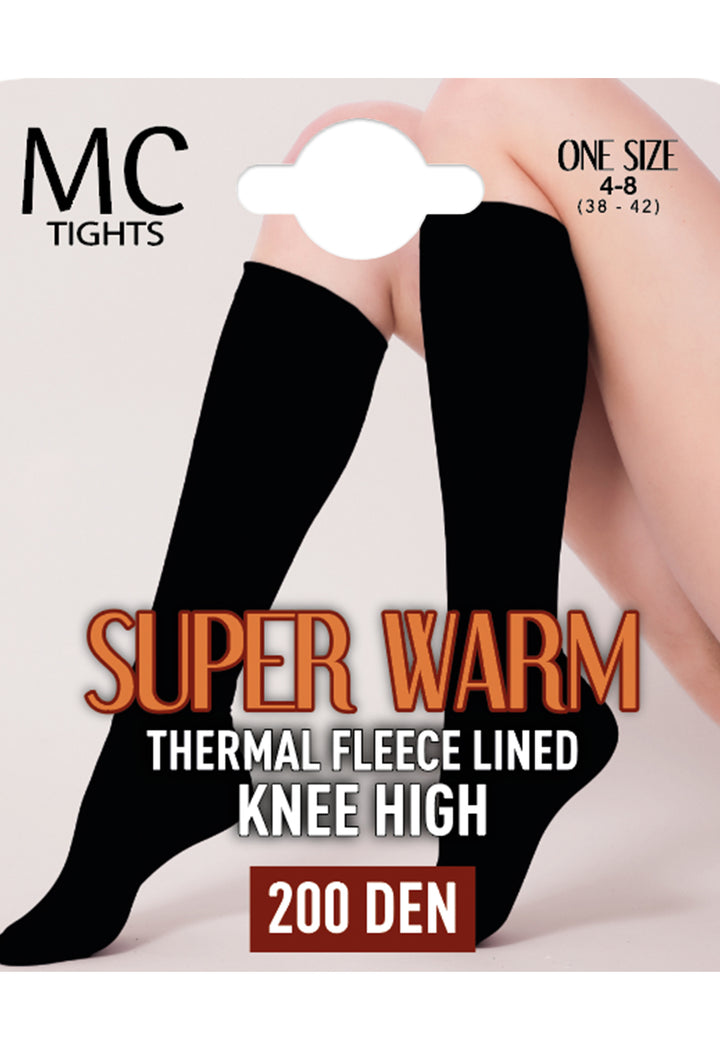 Black knee-high tights with text on a beige background