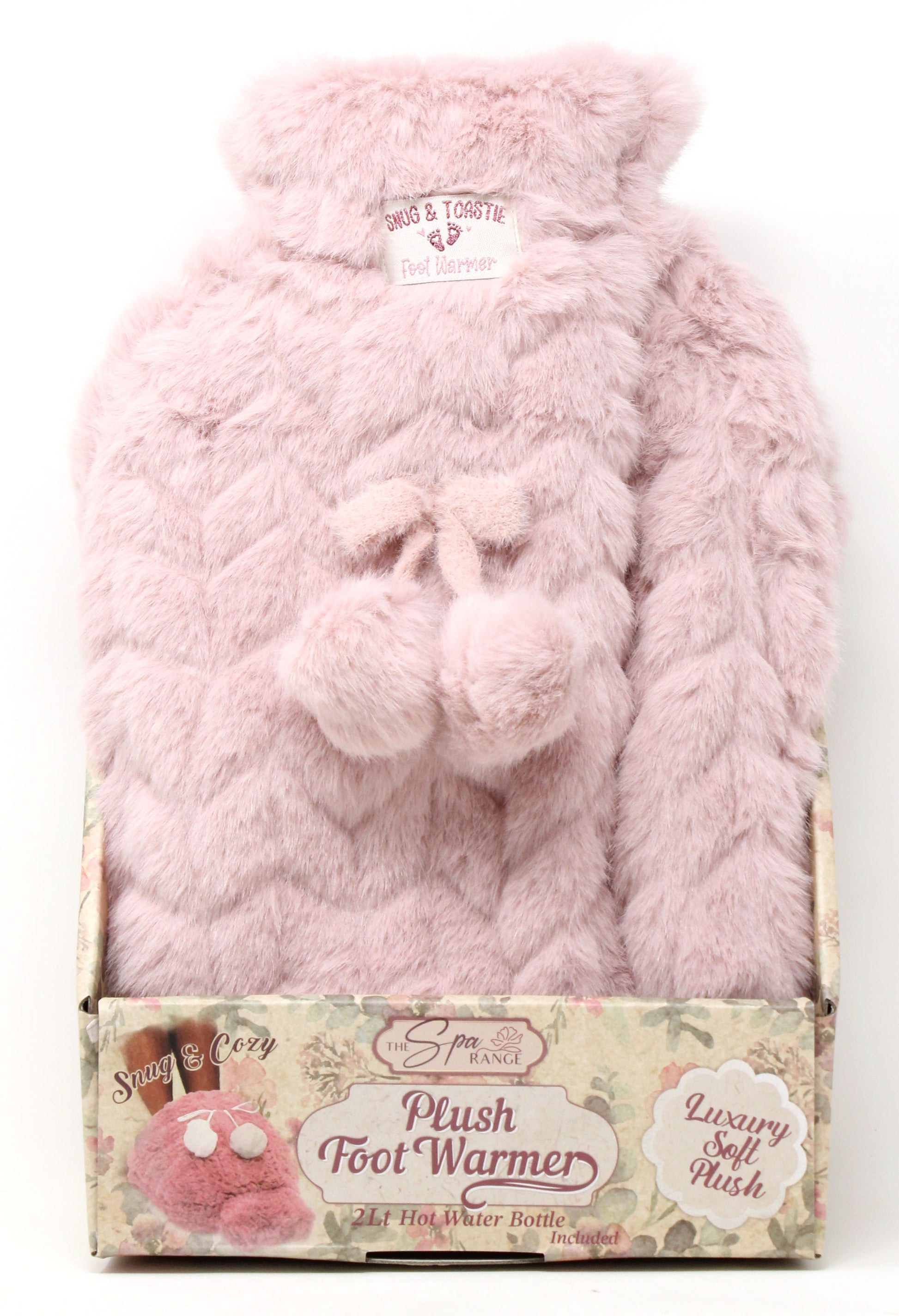 Pink plush foot warmer with packaging on a white background