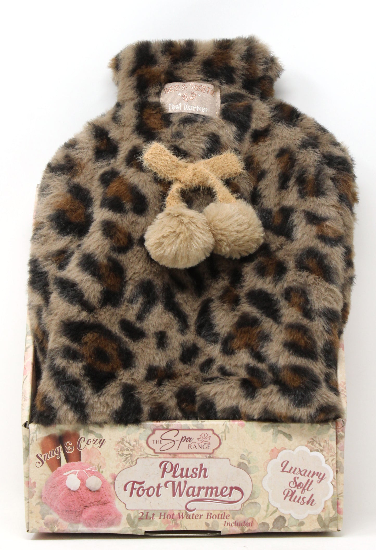 Leopard print hot water bottle with fluffy pom-pom handles on a white background
