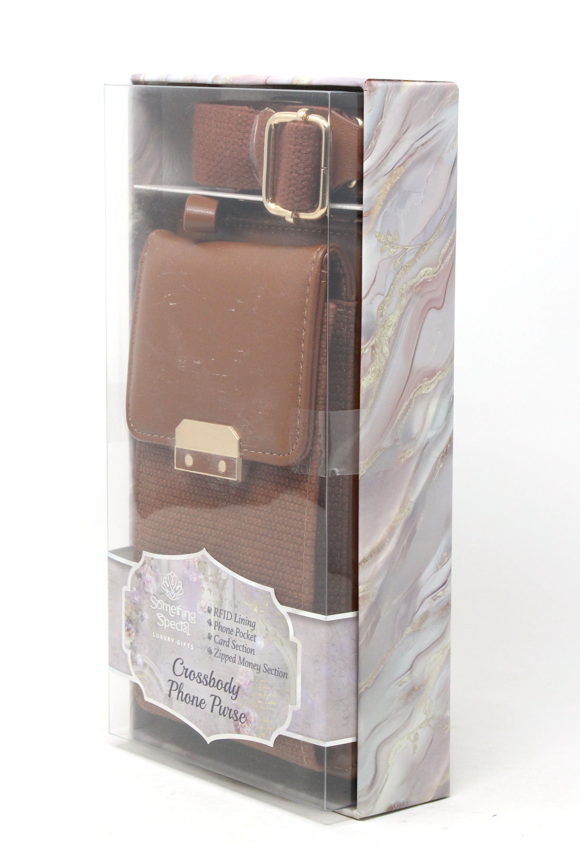 Brown phone case with a belt buckle design in clear packaging on a white background