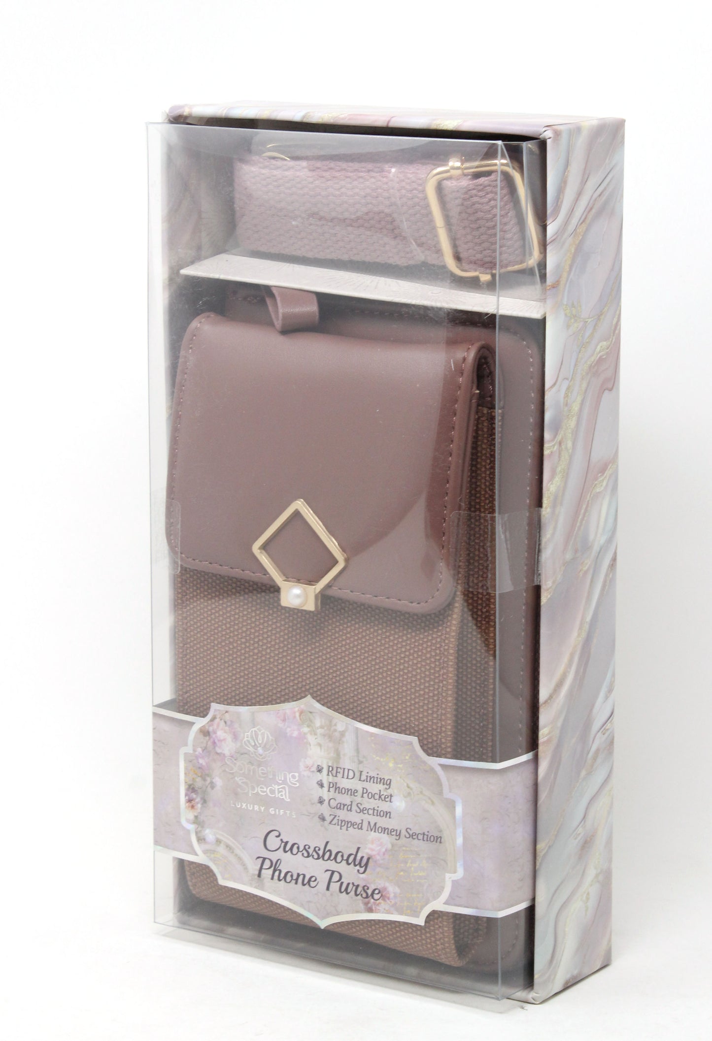 Crossbody phone purse in packaging with visible brand details