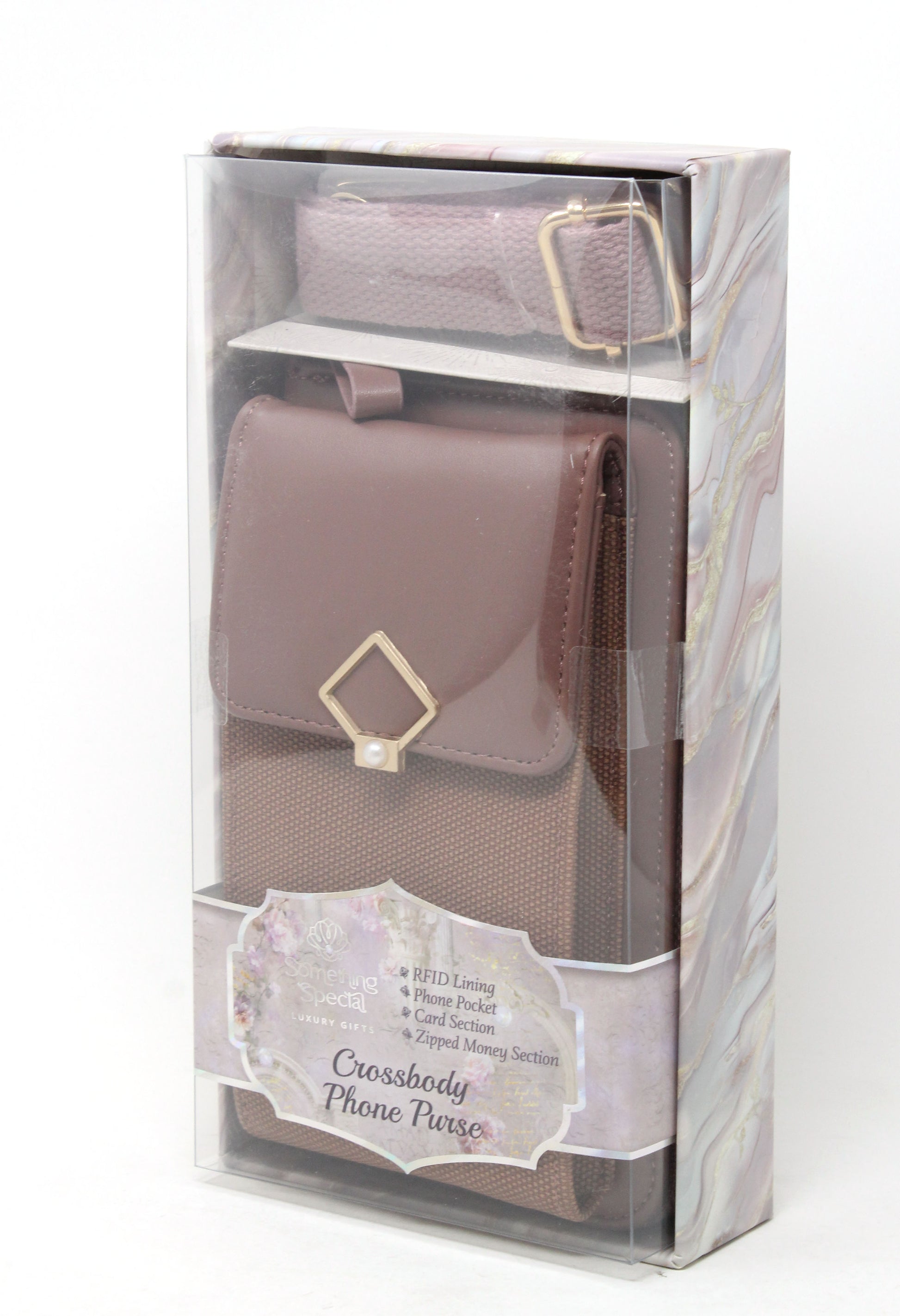 Crossbody phone purse in packaging with visible brand details