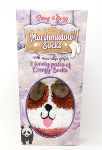 Pack of marshmallow socks with a dog design on a purple background