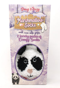 Packaging of Marshmallow Socks with a panda design on a light purple background
