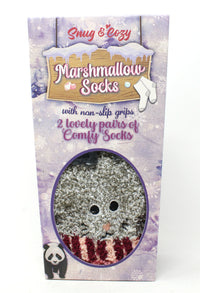 Packaging of marshmallow socks with a snowman design and text 'Snug & Cozy Marshmallow Socks'.