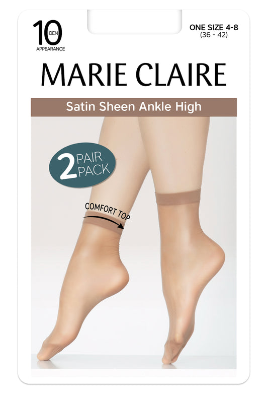Marie Claire satin sheer ankle high socks packaging with a 2-pack design.