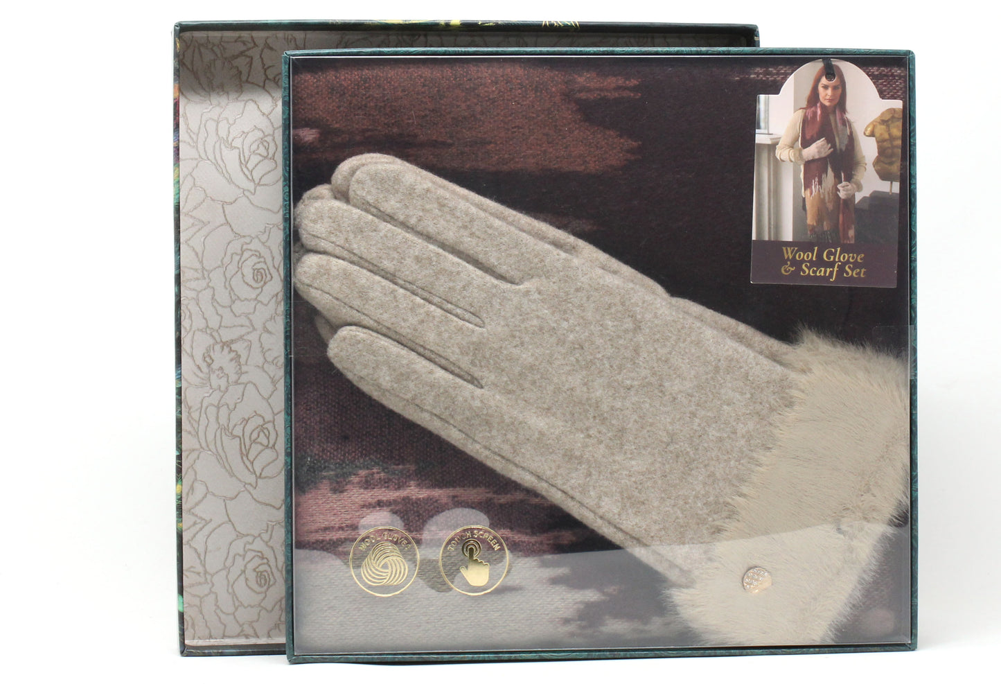 Wool glove and scarf set packaging with a hand wearing a glove and a scarf, featuring a scenic background.