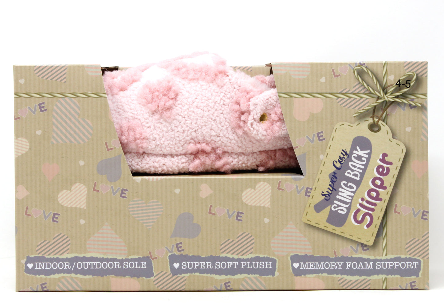 Pink slipper in a decorative box with 'Love' text on a white background