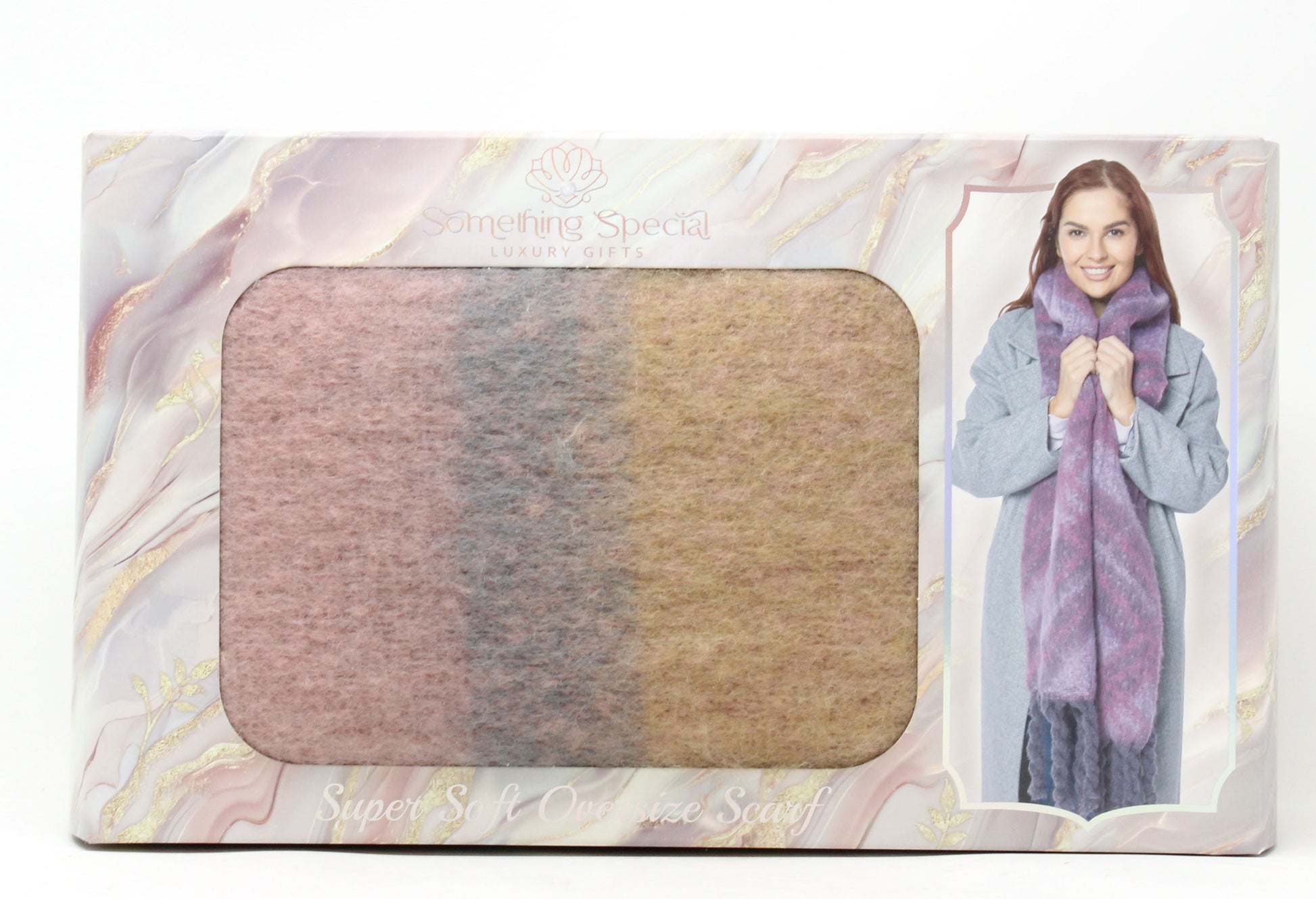 Packaged scarf with color swatches and a model wearing the scarf