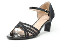 Black open-toe sandal with a clear heel on a white background