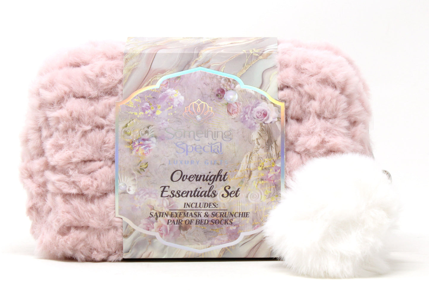 Pink fluffy product with a label on a white background