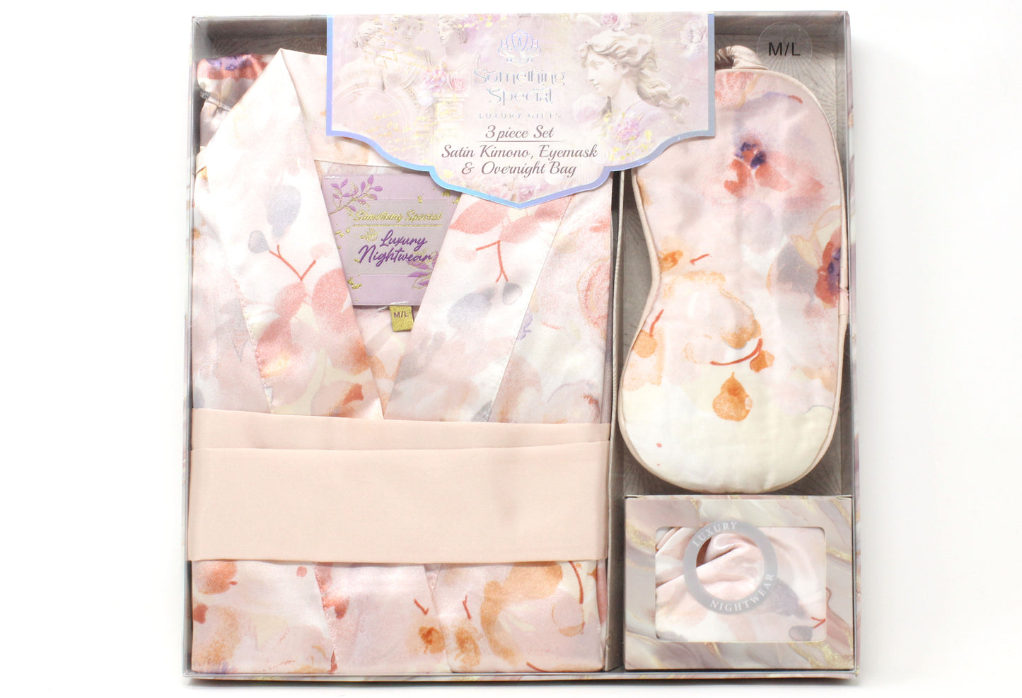 Bath gift set with floral packaging on a white background