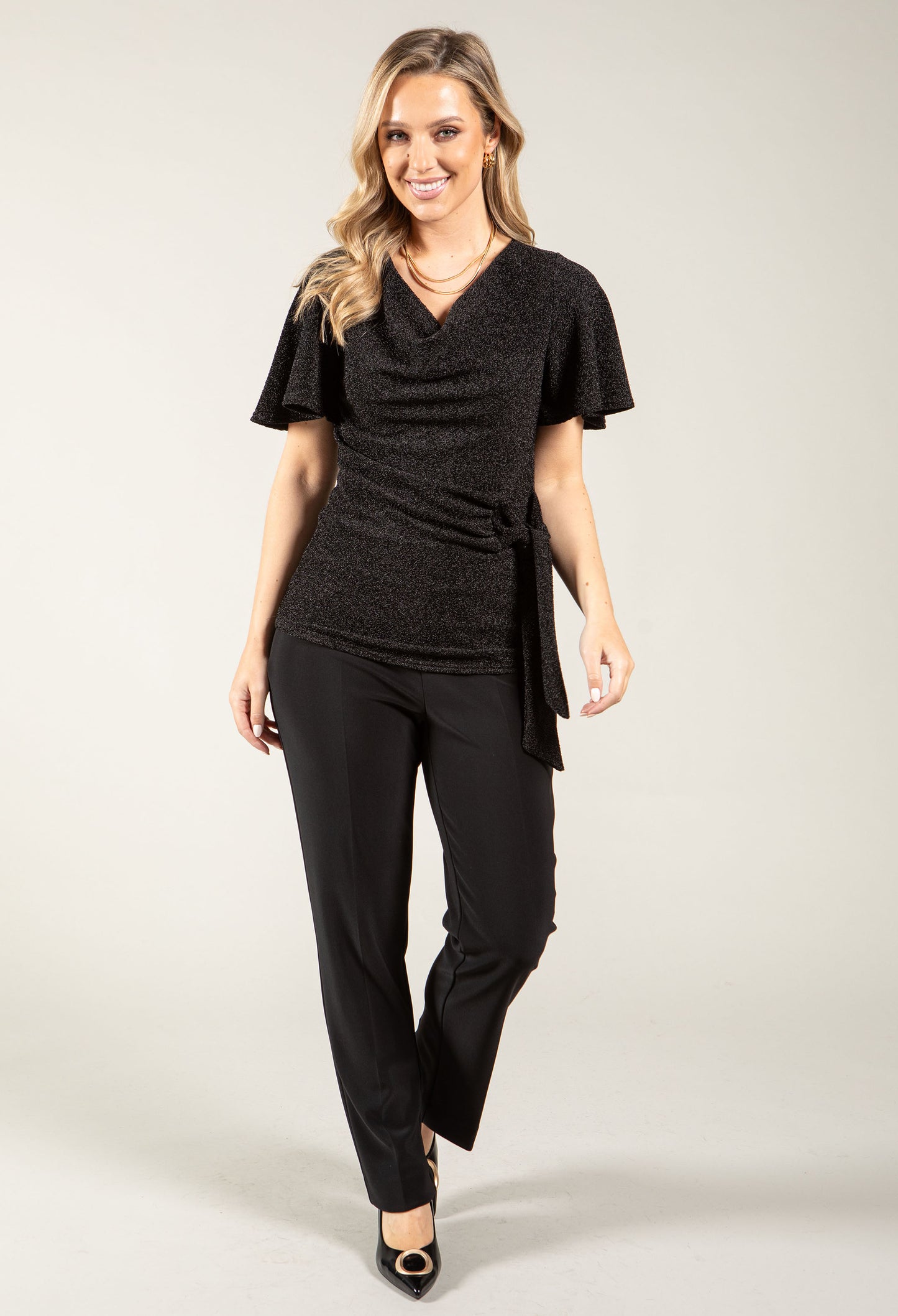 Cowl Neck Side Knot Metallic Top