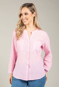Front Pocket Linen Look Blouse