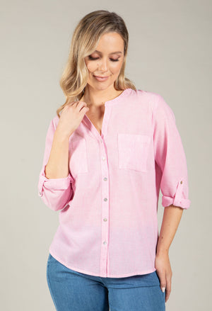 Front Pocket Linen Look Blouse