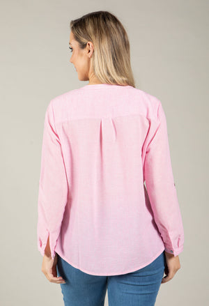Front Pocket Linen Look Blouse