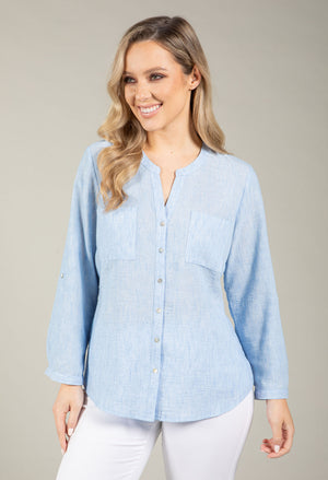 Front Pocket Linen Look Blouse