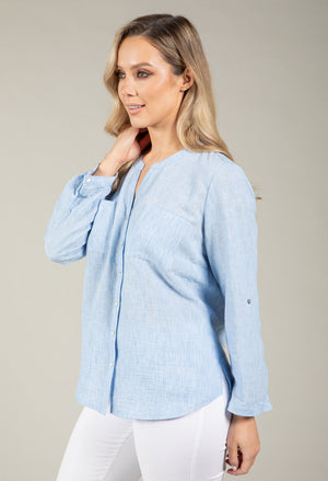 Front Pocket Linen Look Blouse
