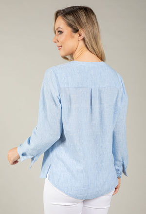 Front Pocket Linen Look Blouse