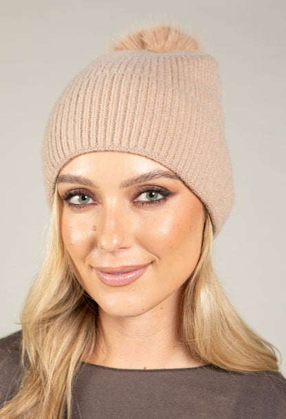 Ribbed Knit Pom Pom Beanie