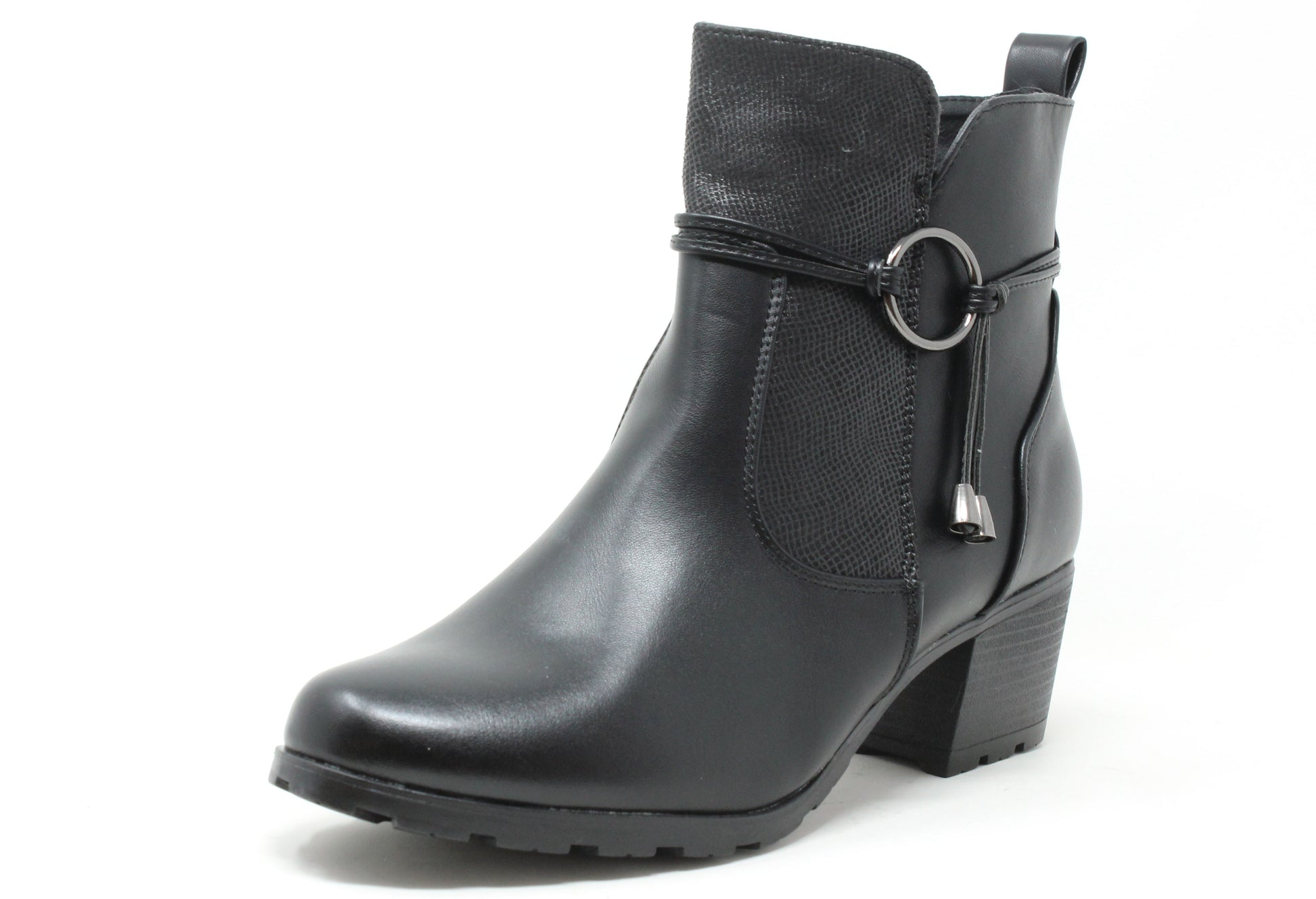 black ankle boot with ring detail on a white background