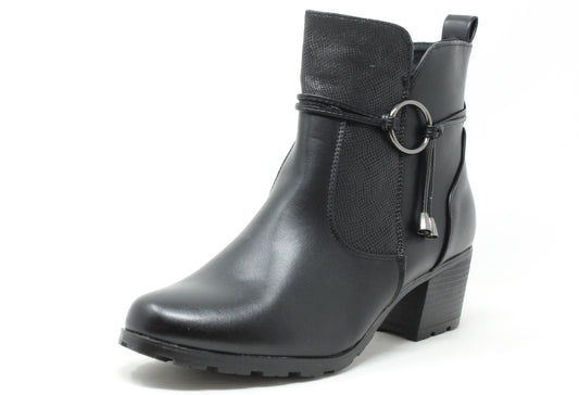 black ankle boot with ring detail on a white background