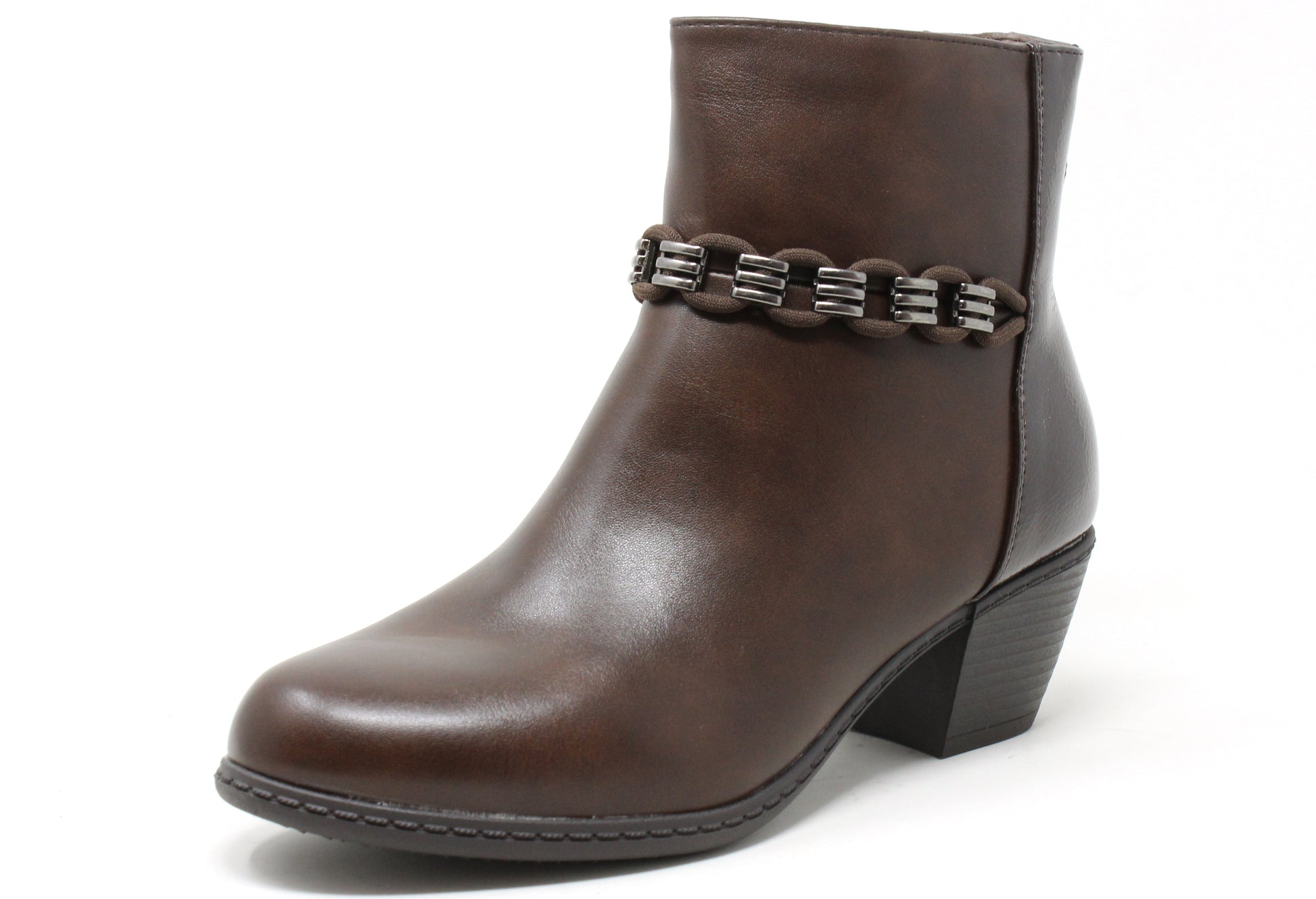 Brown leather boot with chain detail on a white background