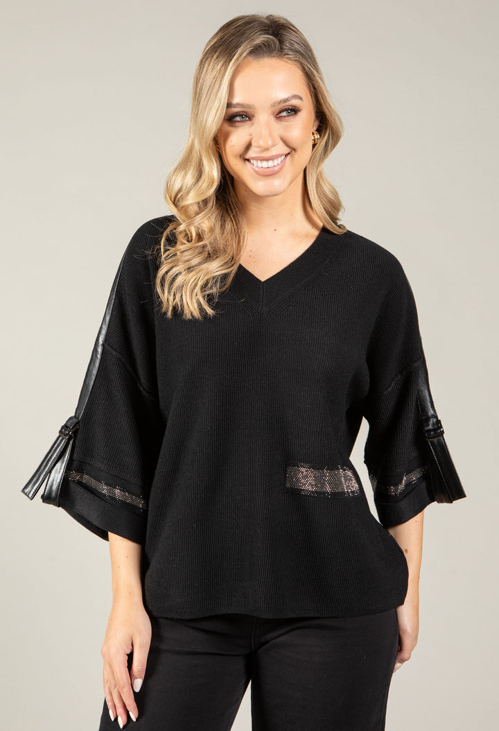 Faux Leather Trim Jumper