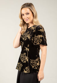 Embroidered Velvet Peplum Top