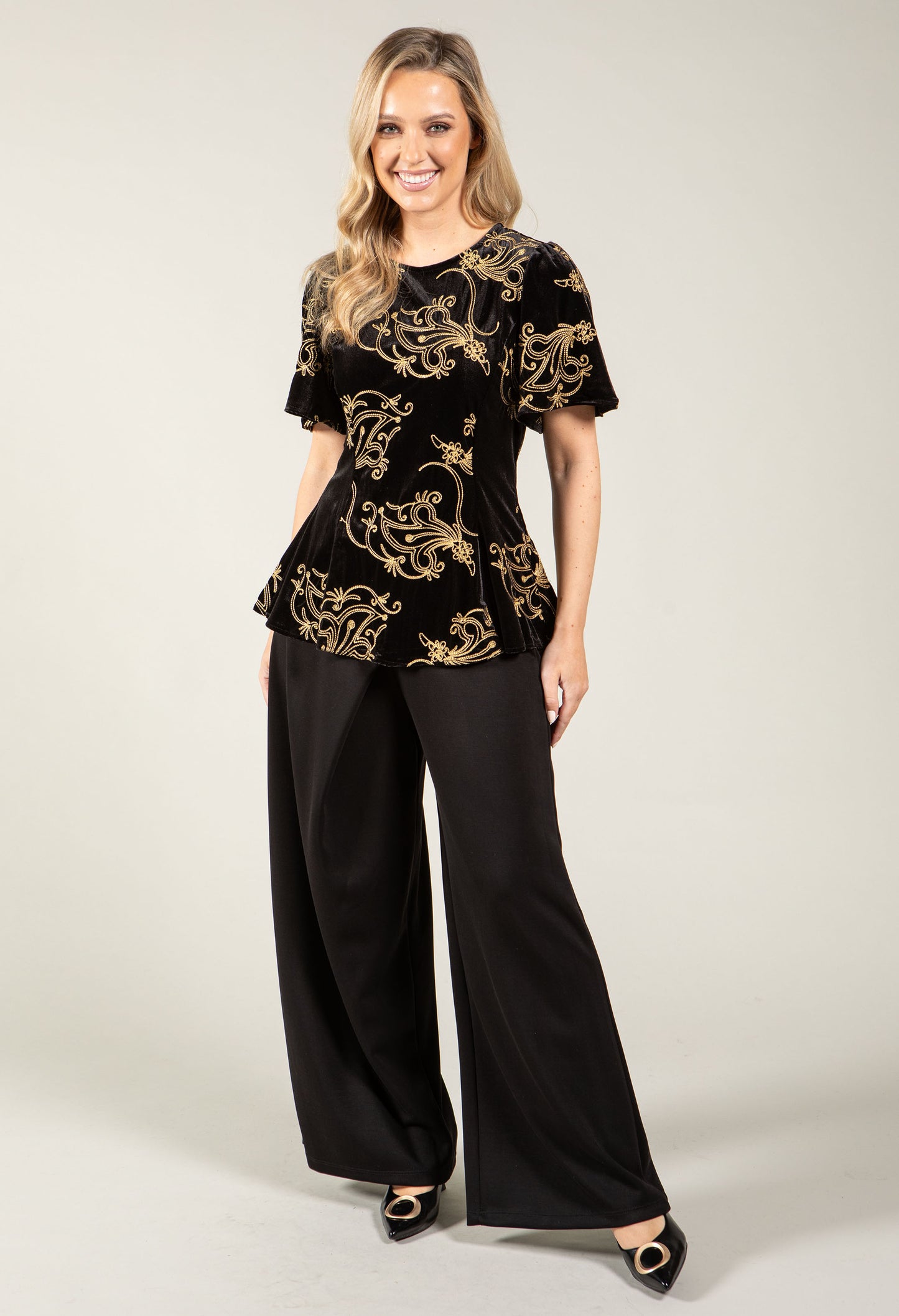 Embroidered Velvet Peplum Top