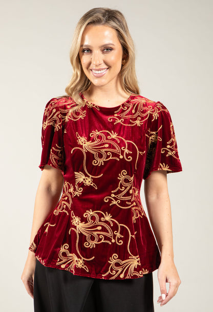 Embroidered Velvet Peplum Top