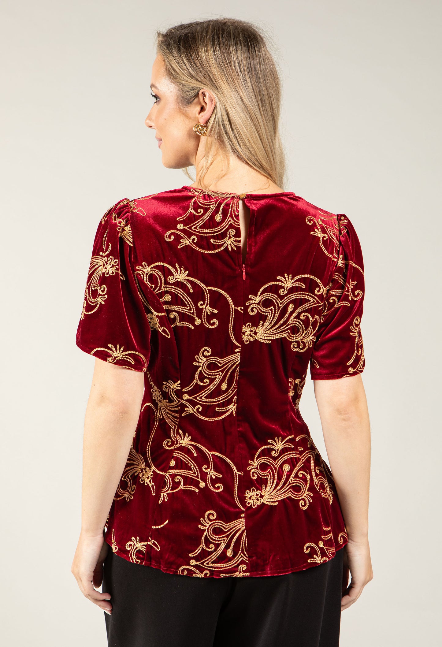 Embroidered Velvet Peplum Top