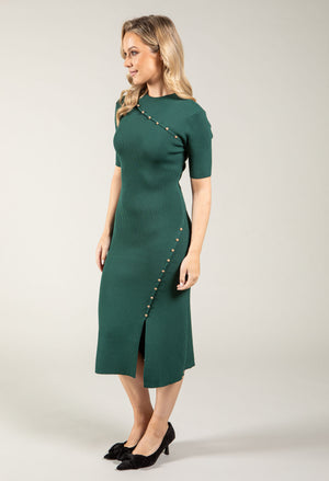 Gold Button Ribbed Midi Dress