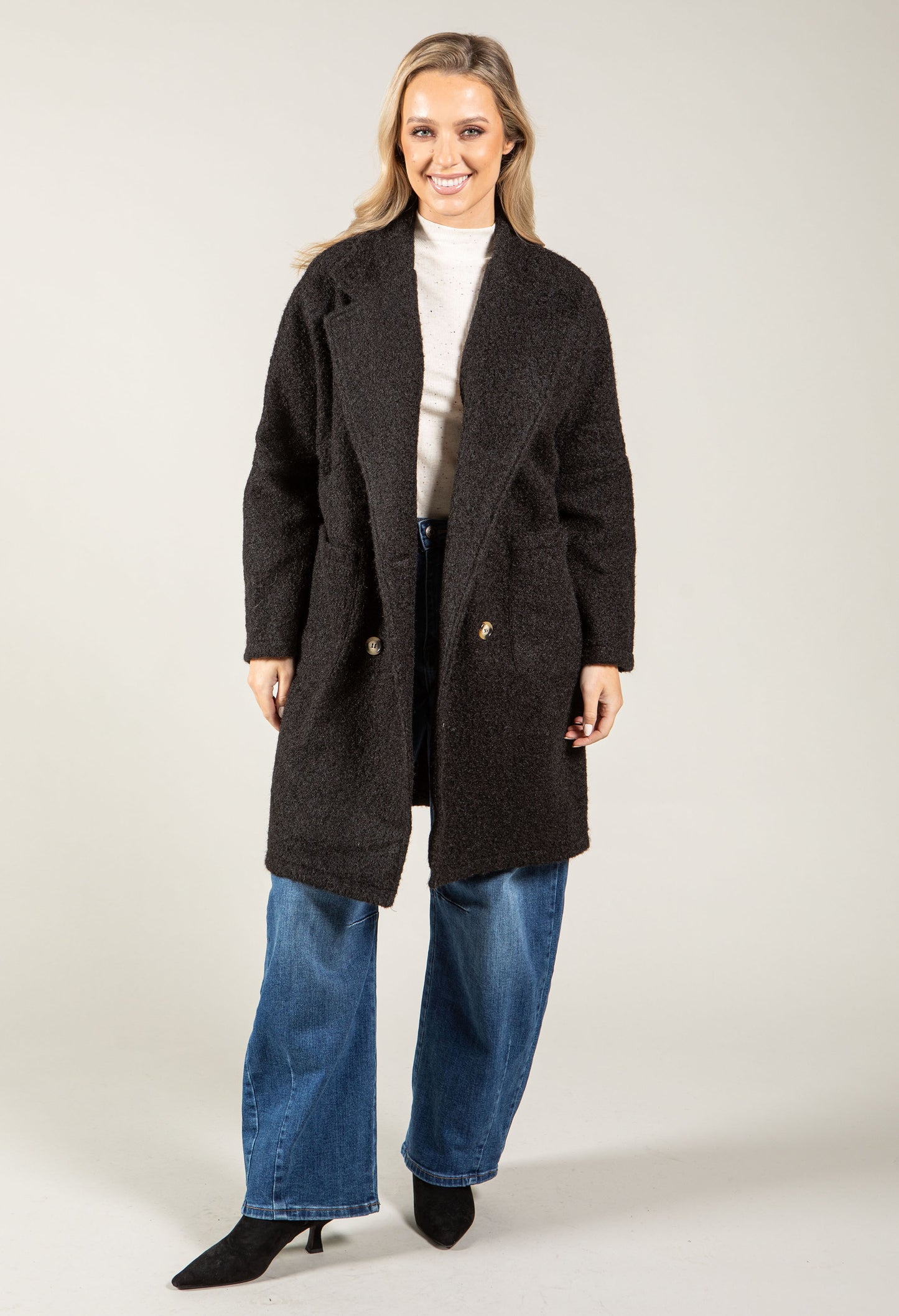 Buttoned Soft Boucle Coat